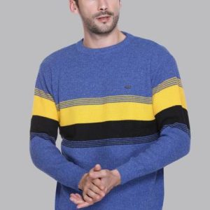 eWools Men Striped Round Neck Blue Sweater