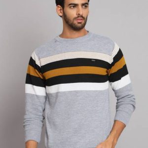 eWools Men Striped Round Neck Grey Sweater