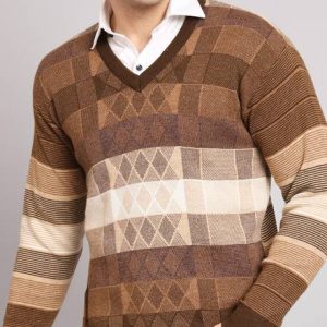 eWools Men Striped V Neck Beige Sweater