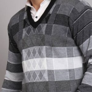 eWools Men Striped V Neck Black Sweater