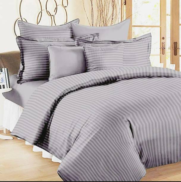 KM HANDLOOM 240 TC Cotton King Striped Flat Bedsheet
