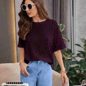 VDTREND Women Solid Round Neck Wool Blend Maroon T-Shirt