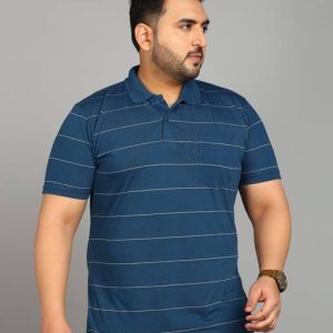 METRONAUT PLUS Plus Size Men Striped Polo Neck Cotton Blend Blue T-Shi...