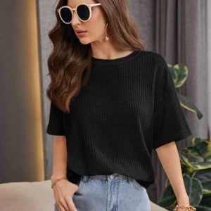 RIFA FIT Women Self Design Round Neck Linen Blend Black T-Shirt