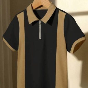 Try This Men Checkered Zip Neck Cotton Blend Black T-Shirt