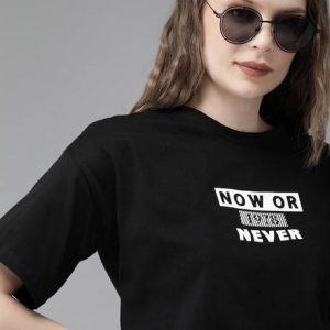 Roadster Women Typography Round Neck Pure Cotton Black T-Shirt