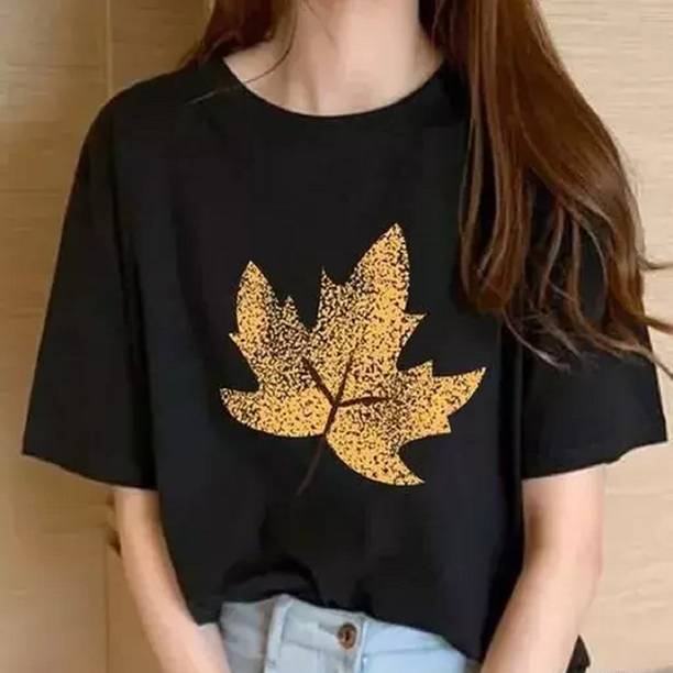 TARSHI Women Printed Round Neck Pure Cotton Black T-Shirt