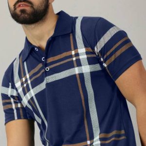 AUSK Men Printed Polo Neck Cotton Blend Navy Blue T-Shirt