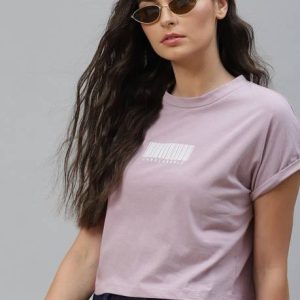 Roadster Women Typography Round Neck Pure Cotton Purple T-Shirt