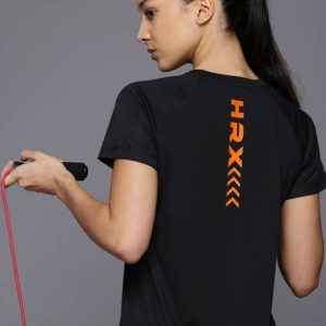 HRX by Hrithik Roshan Women Printed Round Neck Polyester Black T-Shirt
