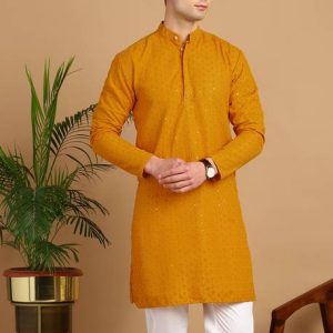FUBAR Men Chikan Embroidery Cotton Blend Straight Kurta