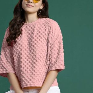 Rahi Trendz Women Self Design Round Neck Wool Blend Pink T-Shirt