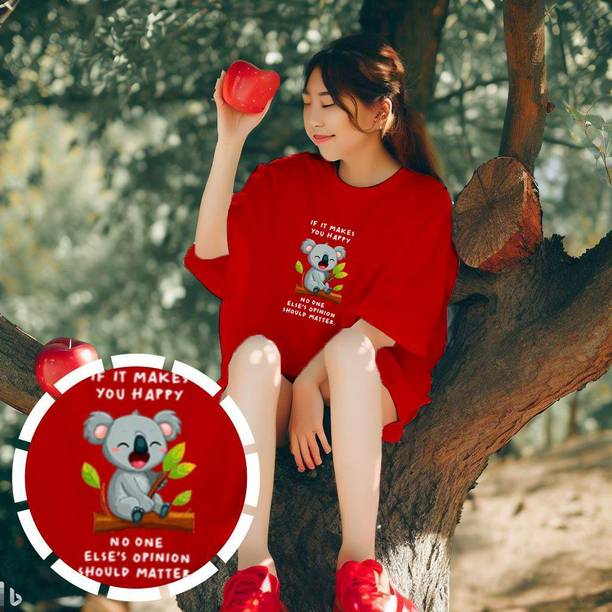 INFIRAX Women Printed Round Neck Cotton Blend Red T-Shirt