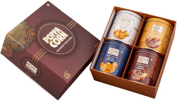 poppacorn Gourmet Popcorn Gift Pack Popcorn Brown Pack Nutty Choco Delight, Choco Crunch, Butter Toffee, Salted Caramel Popcorn