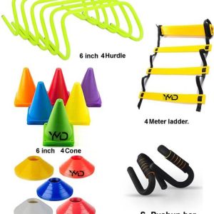 YMD 6" 4 hurdle, 6" Cones 4, 4 Space Markers 4 Meter La...