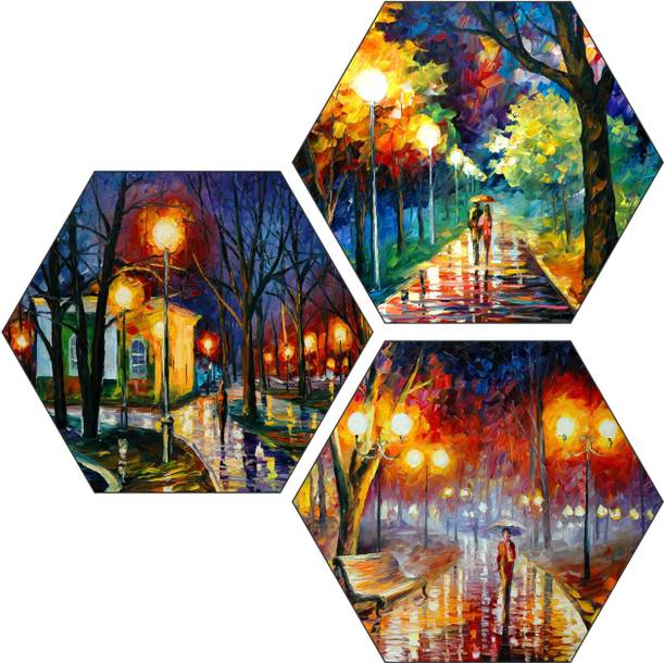 saf MODERN ART SET OF 3 HEXAGON UV COATED DIGITAL REPRI...